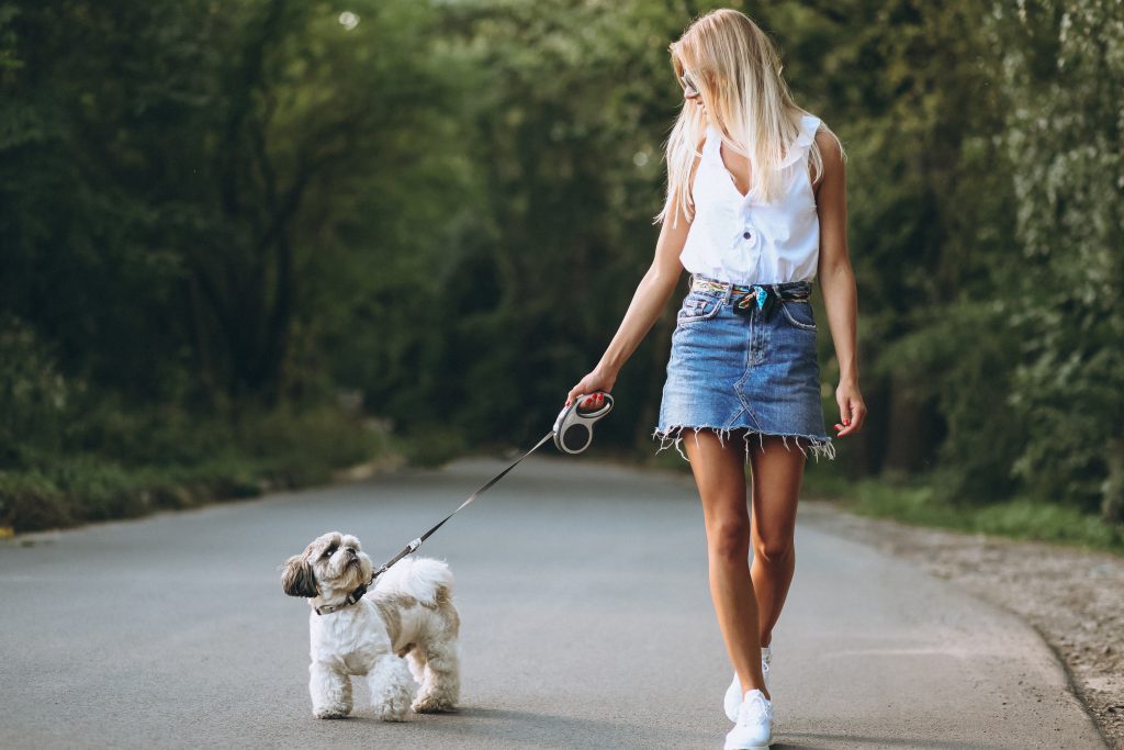 jeune femme promenant son chien sur un chemin